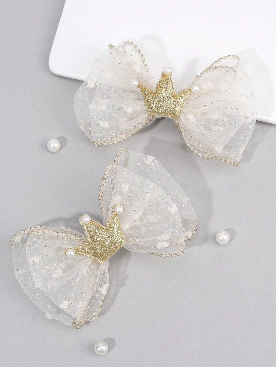 2 piezas Clips de pelo con corona de perlas y malla, adecuados para niñas, diseño de corona dorada, accesorios de pelo lindos, adecuados para todas las estaciones, adecuados para la vida diaria y fiestas de cumpleaños, decoraciones de pelo para adolescentes - Multicolor - Ver 1