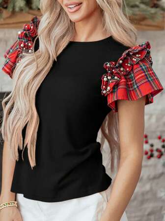 女士格子珍珠荷叶边短袖圆领针织圣诞上衣，西式衬衫，适合日常穿着，秋季女装圣诞款