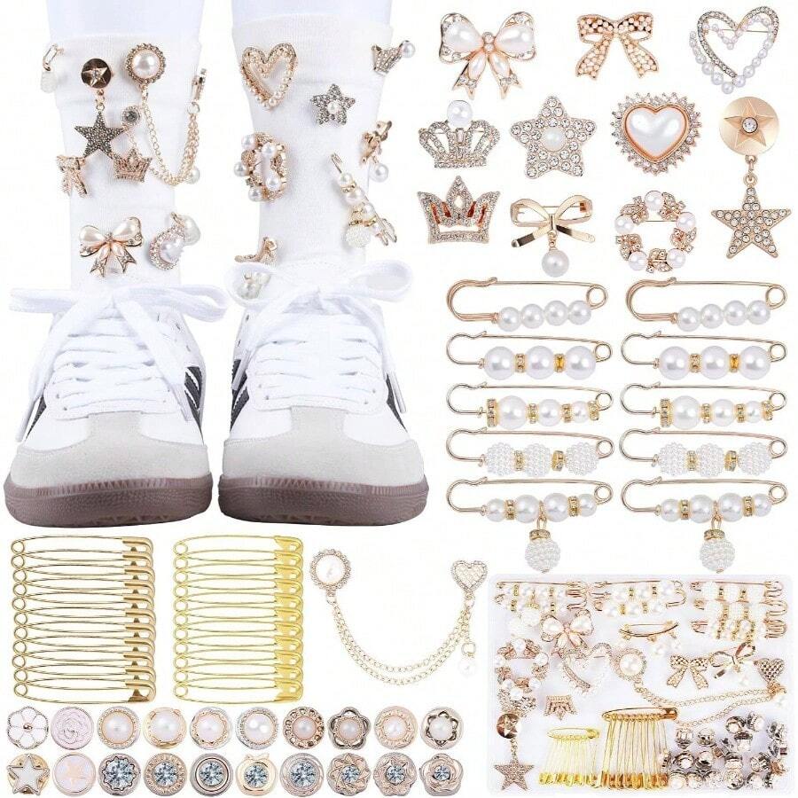 Junk Socks Charms Kit 260Pcs Gold Brooches And Pins Women Pearl And Sock Charms With Safety Pins Accessories Decorating And Personalizing Socks - 60 Pcs Shoe Charms - View 1