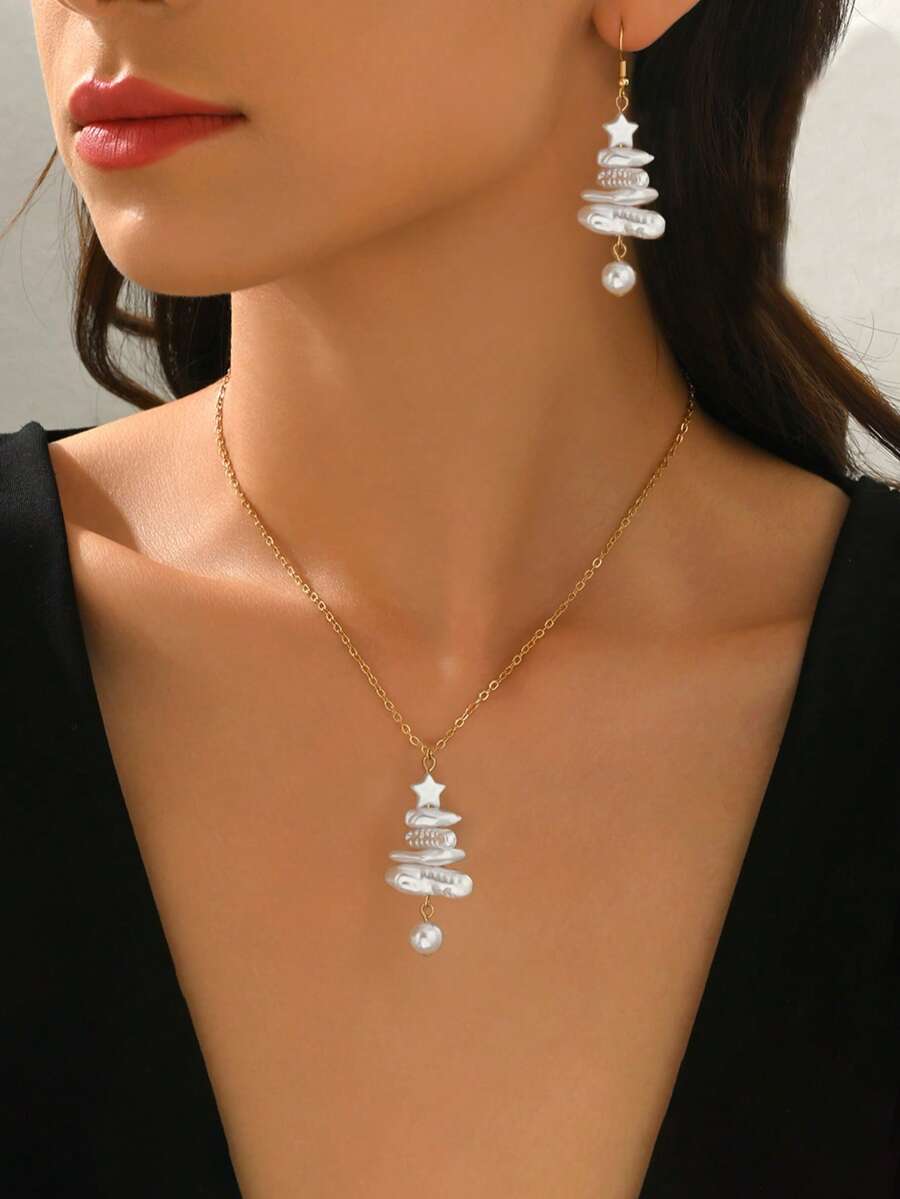 Bộ 3 bông tai ngọc trai thanh lịch hình cây thông Noel và ngôi sao, kiểu ngọc trai Baroque, phù hợp cho nhiều dịp, món quà Giáng sinh hoàn hảo. - vòng cổ - Xem 1