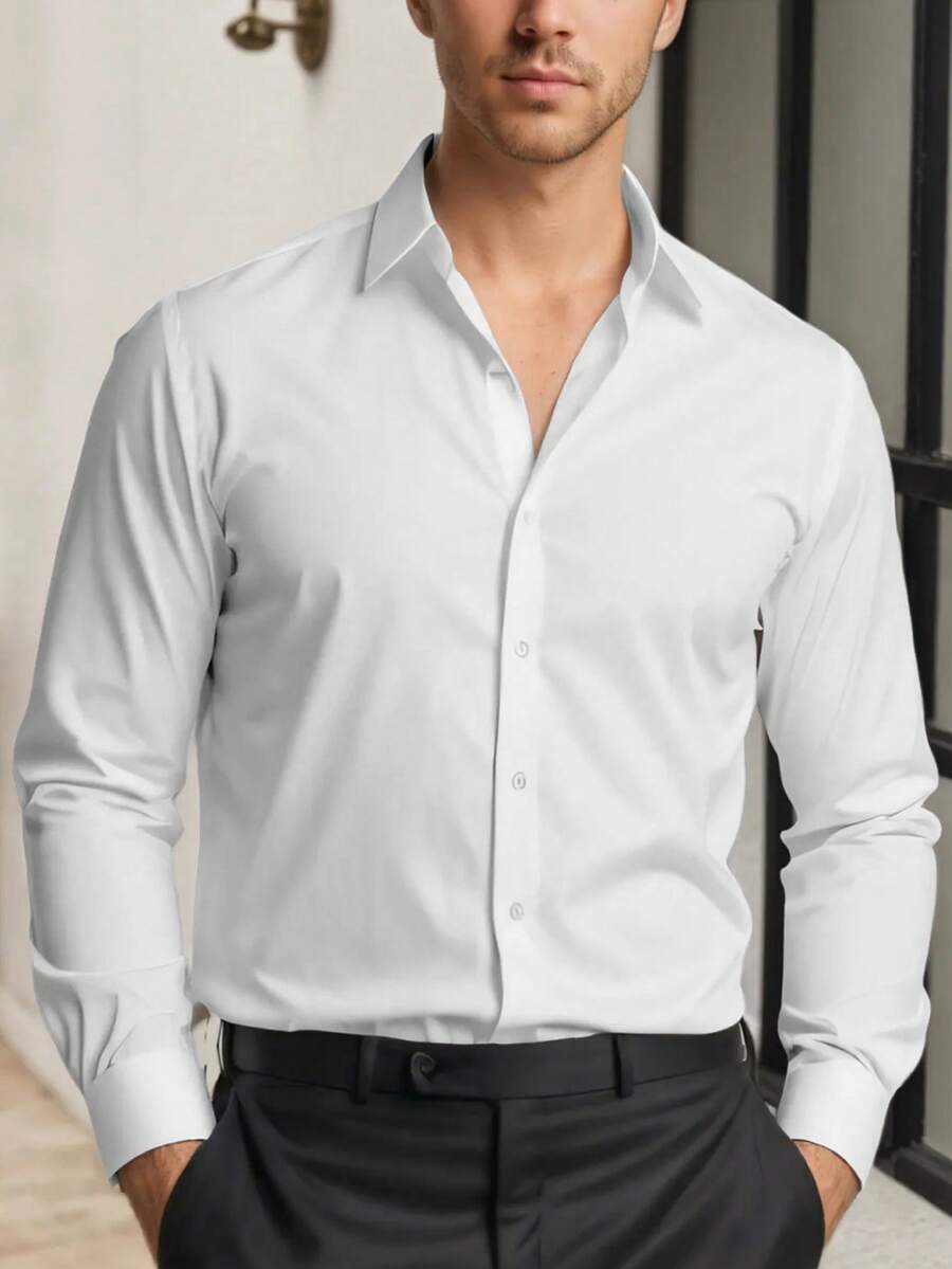 Men's Dress Shirt  Regular Fit Stretch Sleeve Solid Long Sleeve Shirts Business Wedding Button Down Shirts - trắng - Xem 1