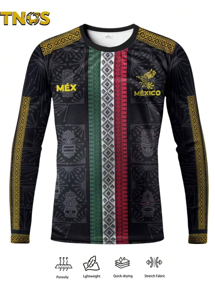 Mexico Special Edition Men's Soccer Sports Long Shirt & Autumn/Winter Outdoor Soccer Gear Crew Neck Comfortable Long-Sleeve Sports Top & Suitable For Matches, Soccer Training, Daily Fitness, And As A Casual Gift - Black - View 1