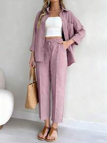 2 件套女式套装：纯色前扣口袋长袖上衣和系腰长裤 - 粉色 - 查看 3