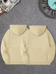 Couple Print Sweatshirt With Kangaroo Pocket And Drawstring - 杏色 - View 2