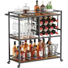 Lifewit Carrito Auxiliar, Barra de 3 Niveles con Ruedas bloqueables, Capacidad para 12 Botellas y Soportes para Vasos, Ideal para Cocina, Comedor y Sala de Estar, 80,2 x 33,2 x 86 cm,(Marrón rústico) - Multicolor - Ver 2