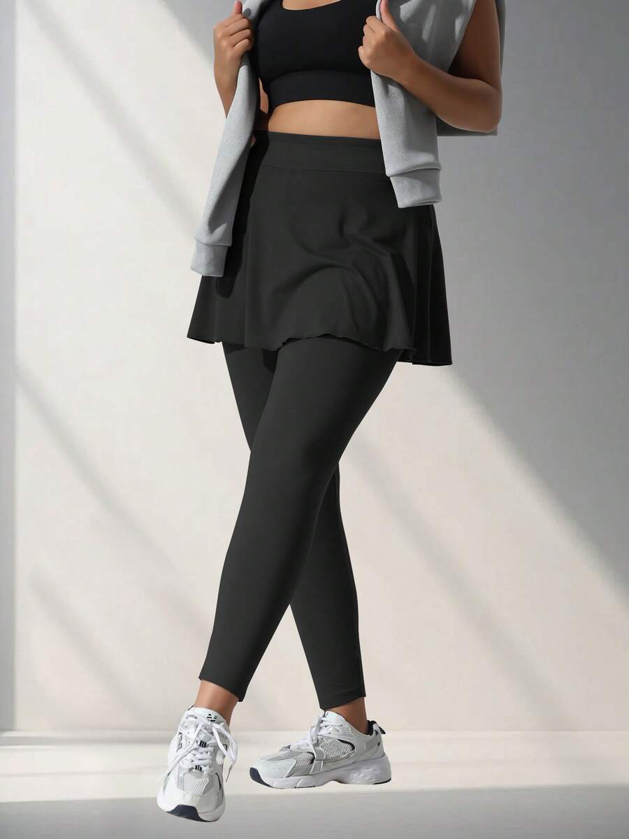 Plus Size Women Black Skirt Pants, Leggings And Skinny Pants, Suitable For Casual Outdoor Wear - Black - View 1