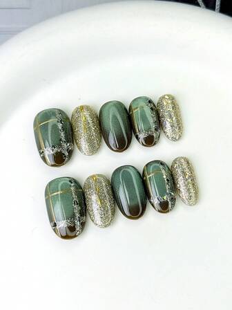 10pcs Middle Oval Press On Nails With Dark Green & Dark Brown Gradient, Golden Glitter Bases, Metallic Line Design & Silver Sparkling Crushed Diamond Elements Shiny 100% Handmade Press On Acrylic Nails Reusable Nail Supplies For Women's Daily Or Party Wear