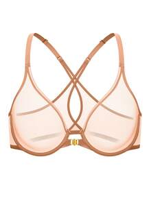 Deyllo Women's Sheer See Through Deep V Bra Front Hook Underwire Thin Unpadded Cross Back Breathable Light Elegant Daily Lingerie - Camel - View 8
