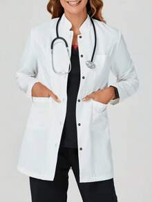 Sturdy Woven Fabric Stand Collar Thigh Length Scrub Outerwear For Professionals With Long Regular Sleeves - White - View 1