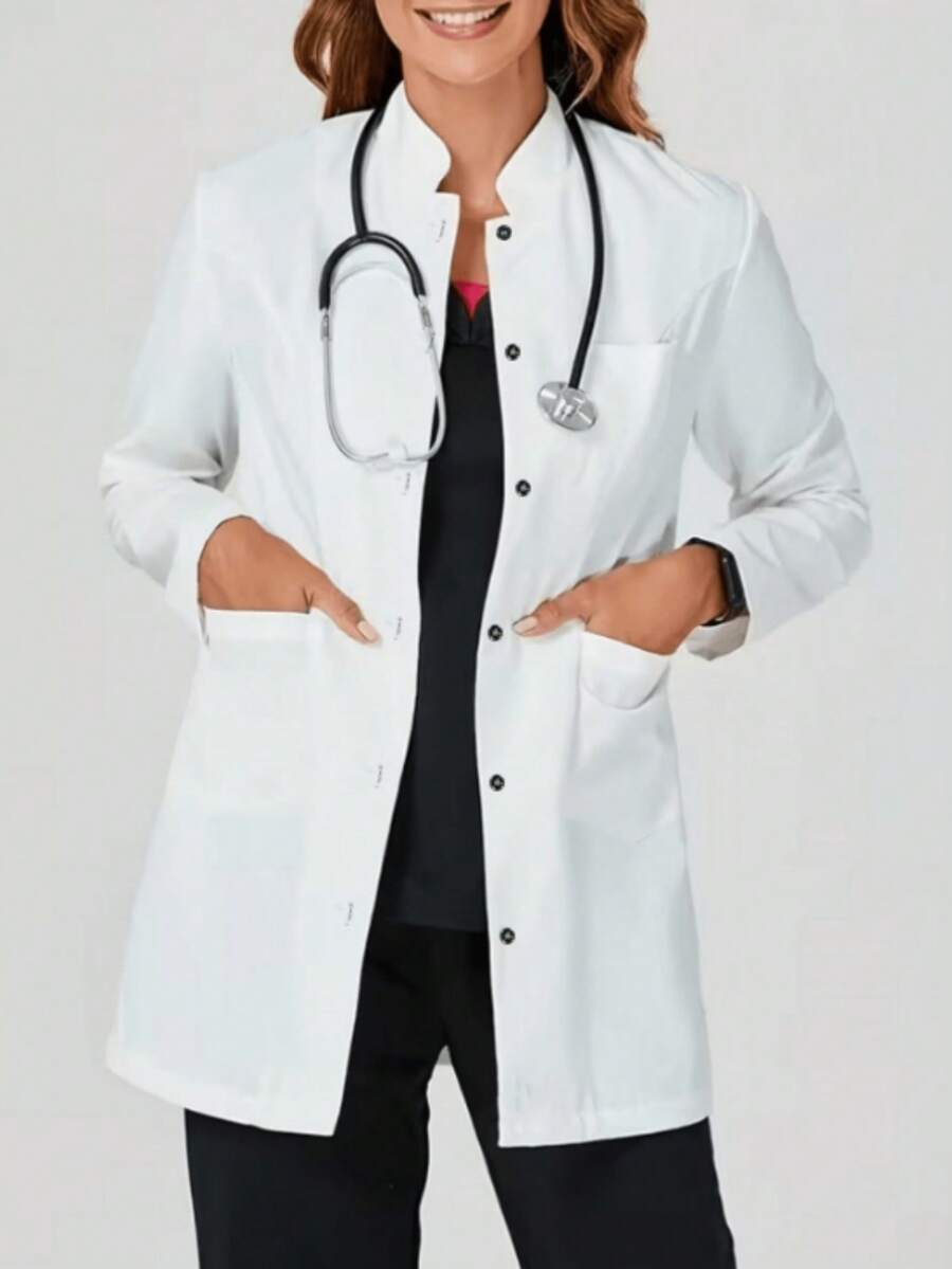 Sturdy Woven Fabric Stand Collar Thigh Length Scrub Outerwear For Professionals With Long Regular Sleeves - White - View 1
