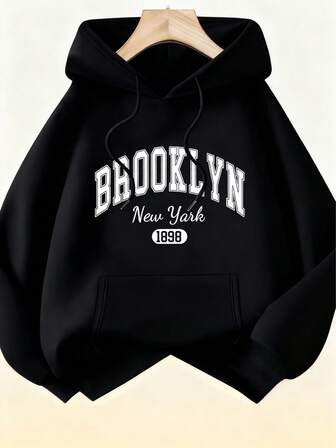 大码女式“布鲁克林”、“纽约”和“1898”字样连帽衫，秋季时尚宽松休闲秋冬款