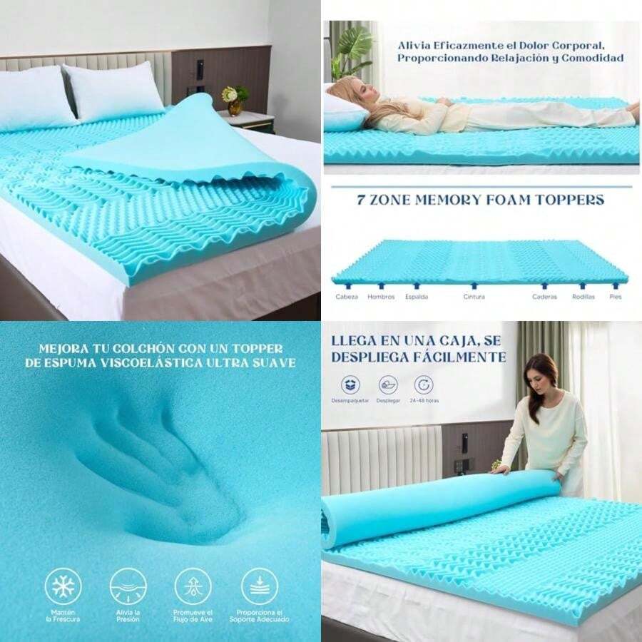 VIOPY 7 Zona Gel Colchoneta Memory Foam,7.6 cm de Grosor,Cubre Colchones Individuales,Colchón Enfriamiento y Alivio de Presión, Extiende la Vida útil del Colchón, Adecuado para el Dolor de Espalda(Queen(5.1 CM DE Crosor)) - Multicolor - Ver 1