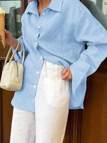 Look Polly Women's Christmas Long Sleeve Shirt, Solid Color Single Breasted Casual Fashion, Traceable Cotton Fall Women Clothes, Pocket Design, Back To School Clothes, Old Money Style Women Christmas