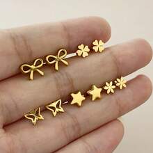 5对/套 不锈钢金色星星、花朵、蝴蝶结耳钉，螺旋耳针式，男女皆宜 - 幾何耳環 - 查看 3