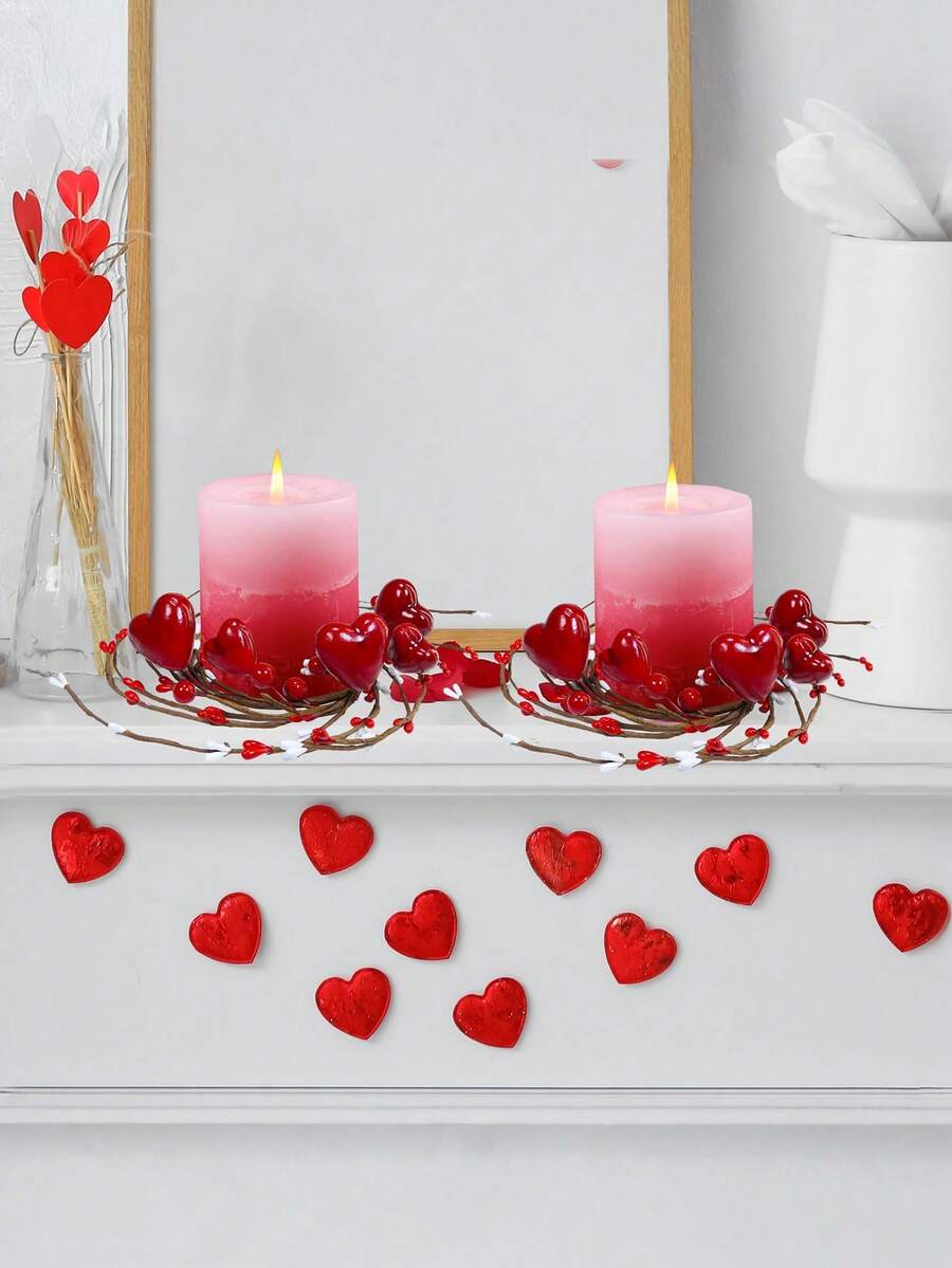 1pc/2pcs Valentine's Day Candle Ring Wreath Mini Wreath Red Heart Candle Holder New Arrival Valentine's Day Mother's Day Red Heart Berry Candle Ring Candle Holder Ring Table Decor Red Holiday Wedding Party, Home Office, Indoor Table Accent