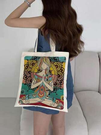 Bolso de hombro con estampado de chica de yoga, bolso de lona de moda con correa ajustable, bolso de tela para mujeres, bolso casual para el trabajo, compras, escuela, al aire libre, regalo