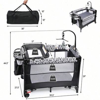 5-In-1 Pack And Play, Baby Bassinet Bedside Sleeper With Diaper Changer, Storage Bag & Music Box, Portable Baby Crib With Carry Bag, Foldable Playard With Bassinet For Newborn To Toddlers