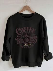 Women's Drop-Shoulder Sweatshirt, Casual Long-Sleeve Round-Neck Pullover For Spring And Summer, Casual Attire Top, Outerwear, Women's Clothing, Patterned Sweatshirt, Casual Streetwear Sweatshirtgifts For Mom-Free Shipping - 黑色 - 查看 6