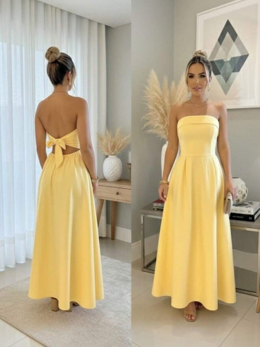 Strapless Party Dress, Draped, Plain, With Padded Cups, Various Colors. - 黃色 - 查看 1