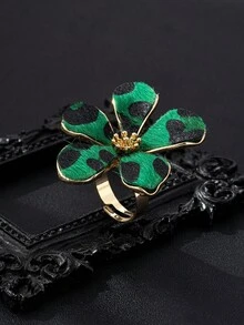 1pc Fashionable Leopard Print Flower Ring, Unique Personalized Design, Versatile For Daily Wear And Commute, Exaggerated Nightclub Style Open Ring - Green Leopard Print - View 1