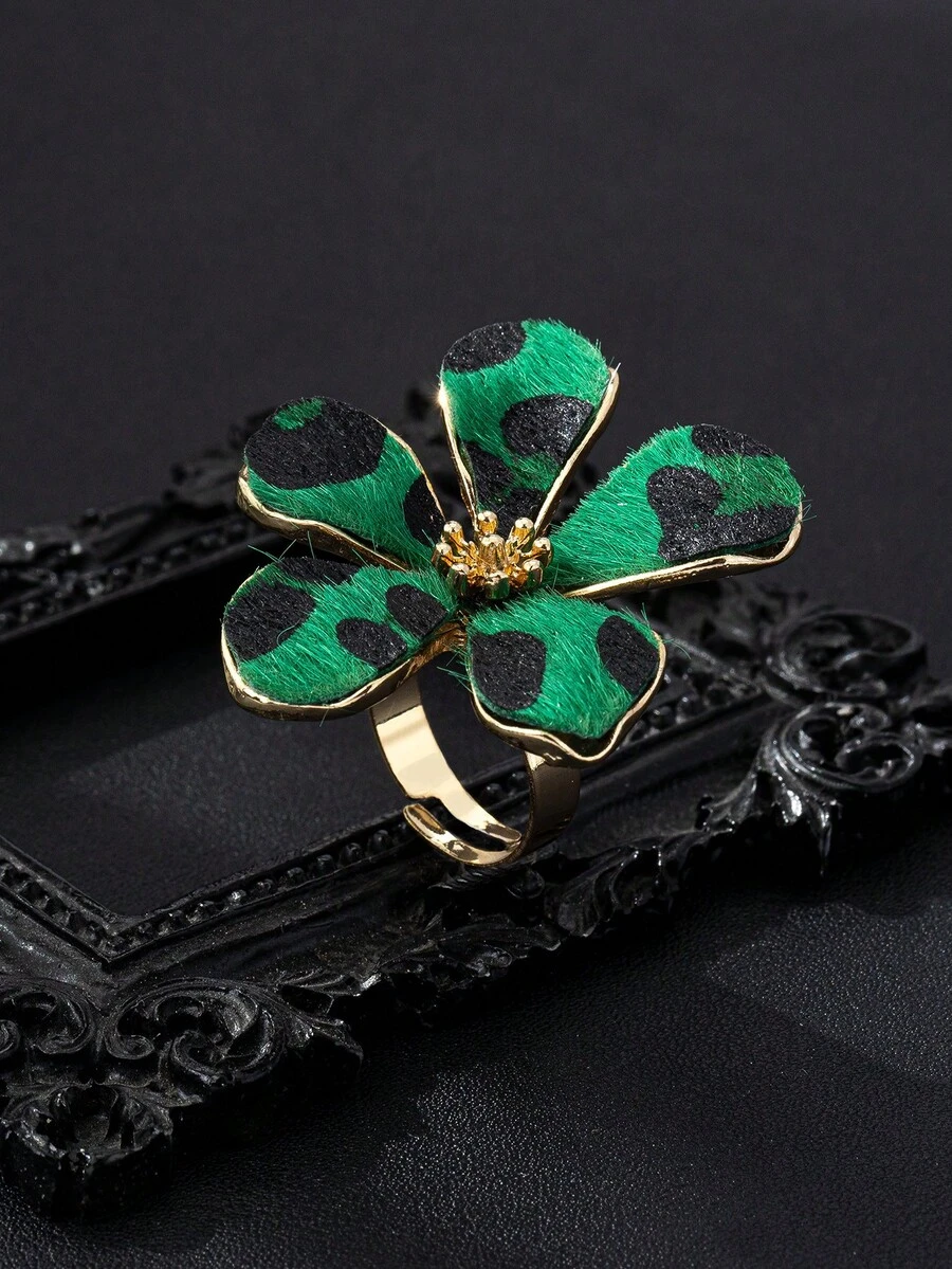 1pc Fashionable Leopard Print Flower Ring, Unique Personalized Design, Versatile For Daily Wear And Commute, Exaggerated Nightclub Style Open Ring - Green Leopard Print - View 1
