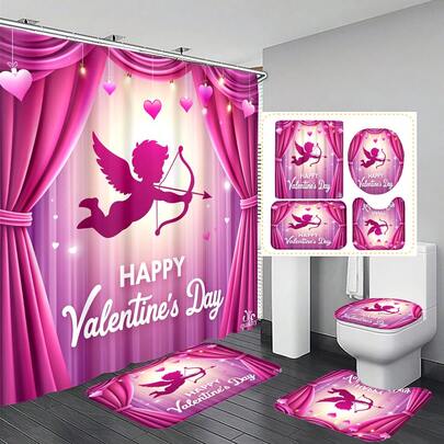 1pc/3pcs/4pcs Valentine's Day Cupid's Arrow Multifunctional Bathroom Decor Shower Curtain Set, Free 12 Hooks Included, Elegant Holiday Atmosphere, Bathroom Mat, U-Shaped Toilet Mat And Round Toilet Mat, Suitable For All Scenarios Bathroom Set