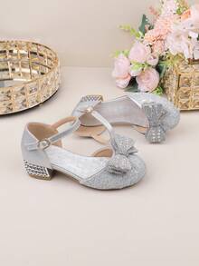 Wedding Party Evening Sweet Cute Flower Girl Girls Shoes Suitable For Big Medium Small Girls Children Shoes Baby Shoes Versatile Shoes Girls Fashion Silver Simple Bow Knot Four Seasons Holiday Elegant High Heel Thick Heel Shoes Formal Dress Performance Shoes Dance Mary Jane Princess Shoes Hollow Shoes - Silver - View 3