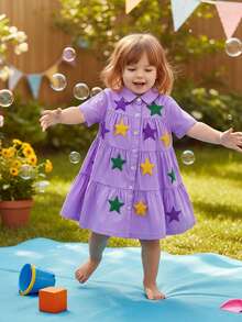 Little Girl MardiGras Dress Star Patch Short Sleeve Collared Tiered Ruffle Dresses Casual Summer Spring Clothes - 紫色 - 查看 3