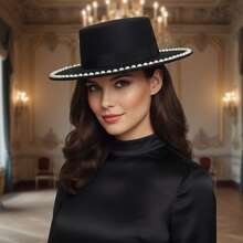 Wide Brim Flat Top Hat For Women Stylish Decorative Black Band Pearl Fedora Cap For Wedding Party - màu đen - Xem 4