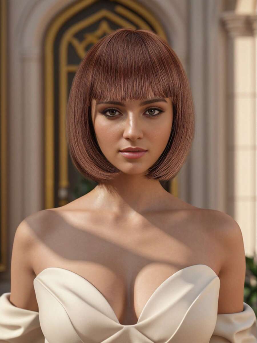 12 Inch /30 Cm Fashion Lady Short Straight Synthetic Flat Bangs Bob Wig (Brown) - màu nâu - Xem 1