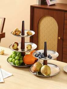 1pc Creative Retro Stainless Steel Fruit Plate, Multi-Layer Storage Fruit & Cake Stand, Rotatable Wooden Rod Hotel Front Desk Plate, 3-Tier/2-Tier Candy & Dessert Tray, Suitable For Living Room, Dining Room, Dessert Shop, Wedding, Party - Multicolor - View 1