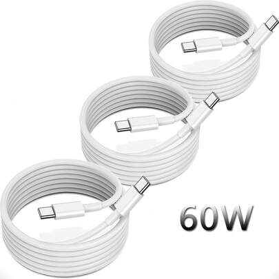 60W USB-C 转 USB-C 数据线 3 条装，3.3 英尺（1 米）/6.6 英尺（2 米）C 型快充线，兼容三星 Galaxy S25 S24 S23 S22 S21 S20 Ultra、Note 20 10、Pro 等机型（白色）