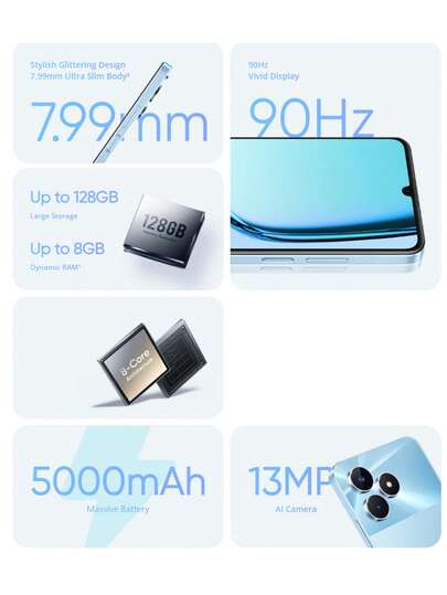 Realme Note 50 2024 全球解锁智能手机：6.74 英寸 HD+ 90Hz 显示屏、T612 8 核 1.8GHz CPU、4G LTE、3GB+64GB、IP54、13MP+AI 双摄像头、5000mAh 电池和 10W 快速充电（Android 13）