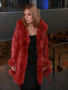Giolshon Women's PU Leather Jacket With Faux Fur Lining, Hood And Belt - Minimalist Fashion, Suitable For Autumn/Winter - 酒紅色 - 查看 6