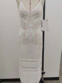 春夏休闲假日风格女式修身婚礼中长蕾丝透视细肩带修身针织连衣裙无袖蕾丝连衣裙 - 白色 - 查看 1