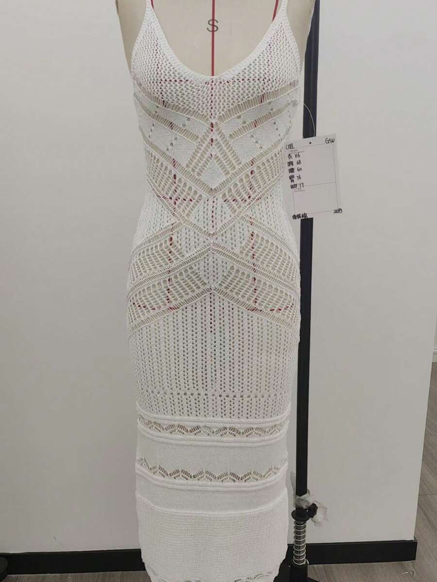 春夏休闲假日风格女式修身婚礼中长蕾丝透视细肩带修身针织连衣裙无袖蕾丝连衣裙 - 白色 - 查看 1