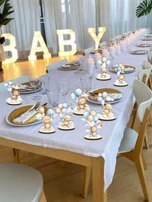 Bộ 8 món - Đồ trang trí bàn tiệc mừng em bé bằng gỗ, bảng tên hình gấu xanh có thể tháo rời, đồ trang trí bàn tiệc tiết lộ giới tính, đạo cụ chụp ảnh sinh nhật hình gấu, đồ dùng tiệc mừng em bé, bé trai (màu xanh) - Nhiều màu - Xem 2