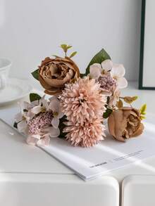 1束仿真牡丹花束，5头绢花摆件，适用于家居、餐厅、花瓶装饰、婚礼装饰、背景幕布、婚车装饰（含DIY花环材料）、门廊装饰、花艺装饰、情人节礼物、春节户外装饰 - 咖啡色 - 查看 4