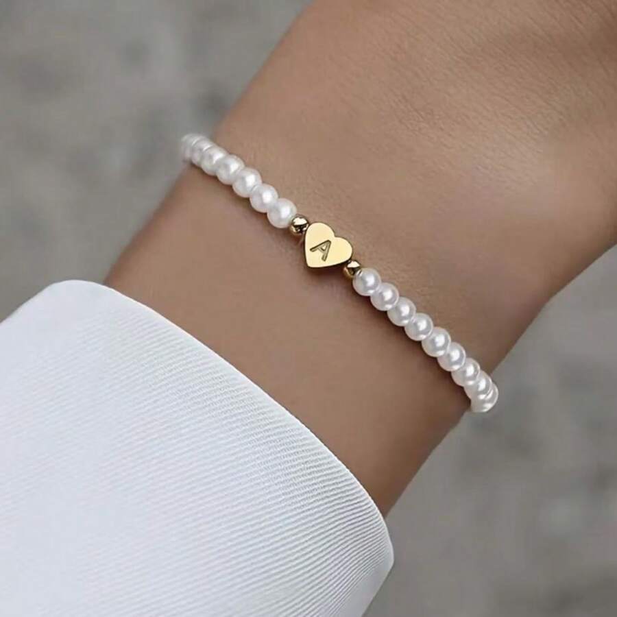 Women's A-Z Heart Initial Letter Bracelet With A-Z Alphabet & Heart Charm - Ized Faux Pearl Bead Jewelry Gift For Valentine's Day,Valentine's Day Gifts, Wedding Gifts, Bridesmaid Gifts, Casual Attire, Year-Round - Initial For Name Necklace Converted To Bracelet (A-Z)