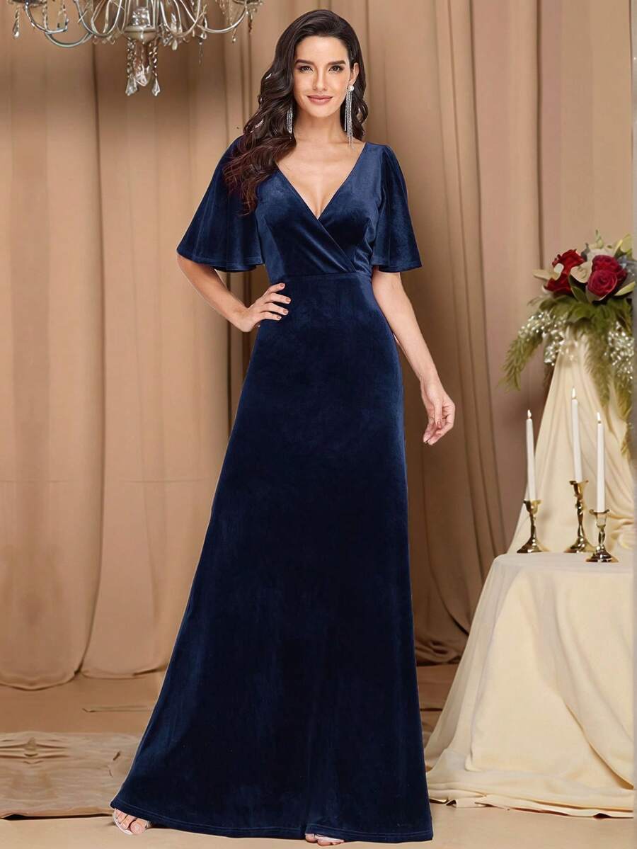 EVERPRETTY Classic Navy Blue Velvet V-Neck Ruffle Sleeve Elegant Long ...