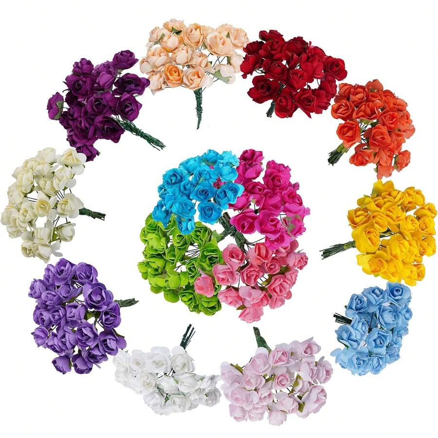 144朵人造纸花束,迷你泰迪熊玫瑰,DIY花环材料,糖果盒配件,家居及婚礼装饰,新娘腕花,胸花,头饰材料,情人节及新年装饰,生日派对蛋糕用品 - 彩色 - 查看 1