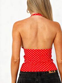 Women's Polka Dot Halter Top, Deep V Neck, Backless, Slim Fit Tank Top With Buttons - 紅色 - 查看 4