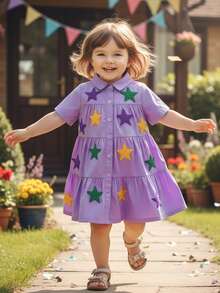 Little Girl MardiGras Dress Star Patch Short Sleeve Collared Tiered Ruffle Dresses Casual Summer Spring Clothes - 紫色 - 查看 5