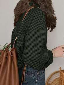 Women's Casual Plaid Long Sleeve Shirt, Button Front Dropped Shoulder Blouse Top, Regular Fit Woven Fabric