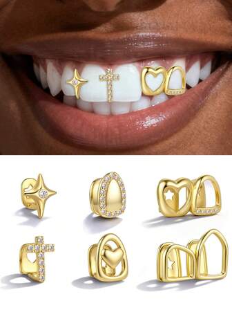 6 piezas Dientes Grillz de color dorado para mujeres y hombres, tapa dental falsa, kit de joyería dental para boca, fiesta de hip hop, Grillz individuales con barras moldeadoras en forma de estrella y corazón