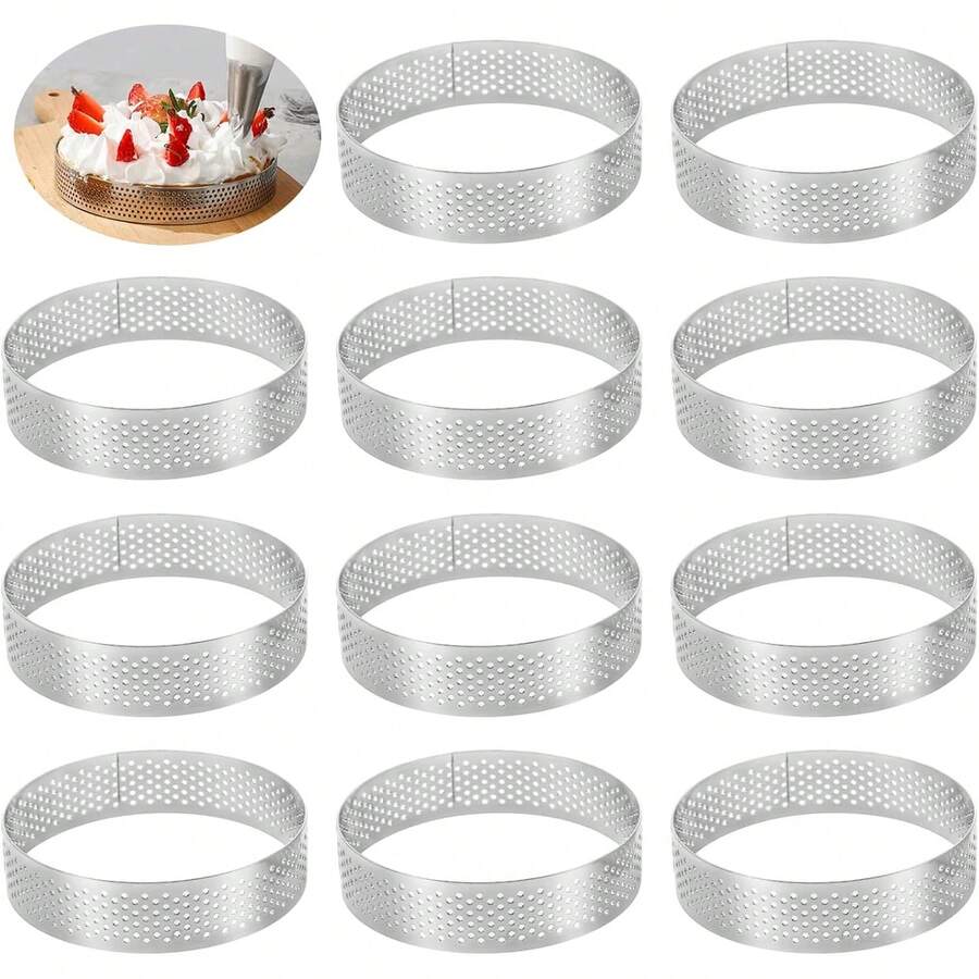 304 Stainless Steel Tart Rings, Perforated Tart Rings Round Cake Mousse Rings Metal Pastry Cake Mold Baking Dessert Rings Non-Stick Round Cake Rings Household Food Making Tools - Multicolor - View 1