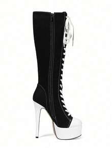 Black And White Color Blocked Waterproof Platform, High Heels, Side Zipper, Lace Up Fashion Boots - 黑色 - 查看 5
