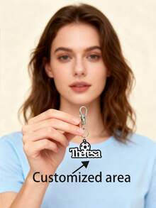 Personalized Football Keychain - Custom Name Tag, With Football Design, Light Blue & Pink Letters, Sturdy Zinc Alloy, Lobster Clasp, Ideal Gift For Valentine's Day And Birthday, Sports Themed Accessory, Sports Keychain | Personalized Name Tag | Sturdy Zinc Alloy, Football Accessory, Football Keychain, Purple Initial Letter Keychain, Pink Football Pendant, Initial Keychain, Bag Accessory, Women Keychain - Style 5 - View 2