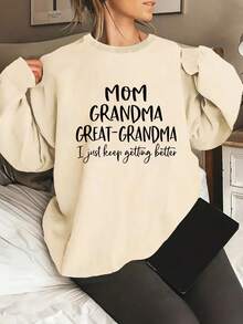 Plus Size Women's Daily "MOM GRANDMA GREAT - GRANDMA I Just Keep Getting Better" Text Sweatshirt Round Neck Long Sleeves Casual Spring/Summer/Fall Women's Plus-Size Long-Sleeved Sweatshirt Thanksgiving Day Going Out Tops Women,Vacation Outfits Women - Apricot - View 1