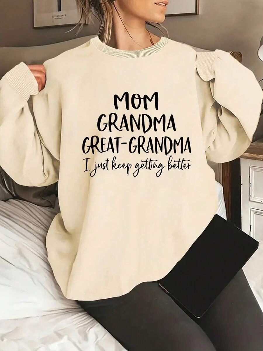 Plus Size Women's Daily "MOM GRANDMA GREAT - GRANDMA I Just Keep Getting Better" Text Sweatshirt Round Neck Long Sleeves Casual Spring/Summer/Fall Women's Plus-Size Long-Sleeved Sweatshirt Thanksgiving Day Going Out Tops Women,Vacation Outfits Women - Apricot - View 1
